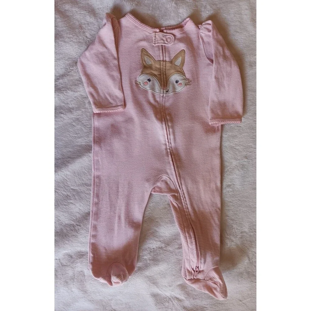 pajama 9 months Carters Girl baby white Pink Stripe Fox sleeper infant sleepwear